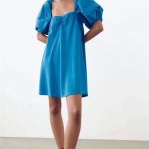 Zara Teal Mini Dress with Puff Sleeves